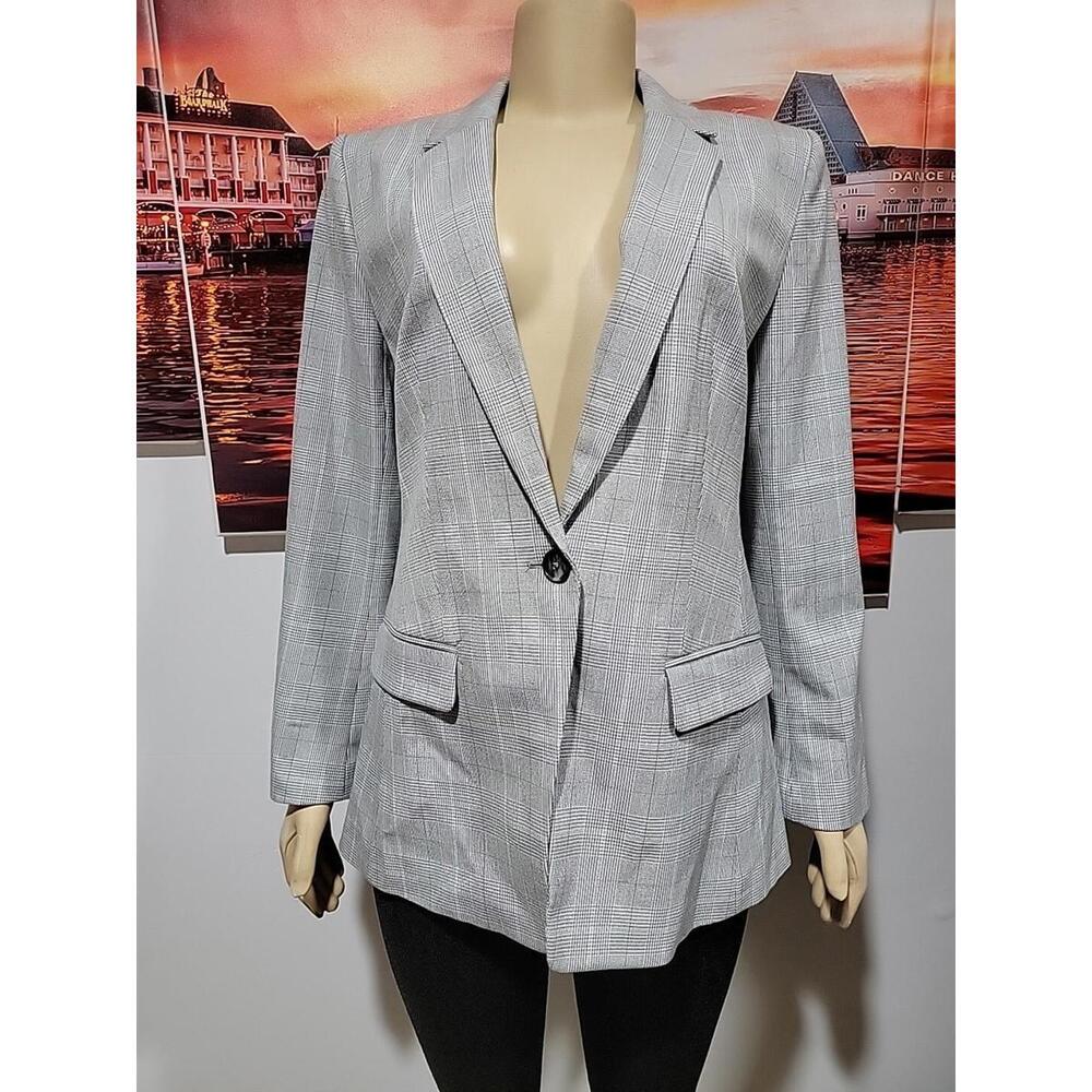 LOFT Plaid Modern Size 12P Women's Gray Blazer Jacket #W6